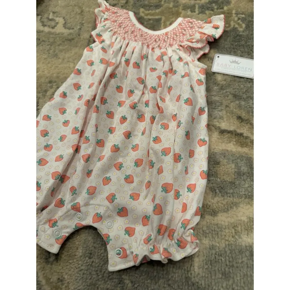 Baby Loren Sz 3-6 Baby Girl Smocked Strawberry Bubble 100% Pima Cotton NWT - Picture 4 of 12